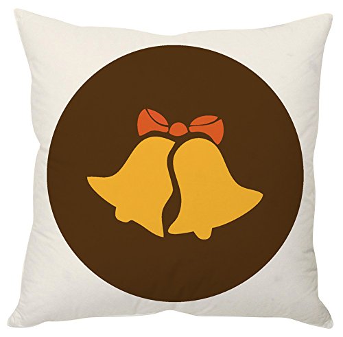 A decorative brown and yellow pillow featuring two small bells attached to its surface.

