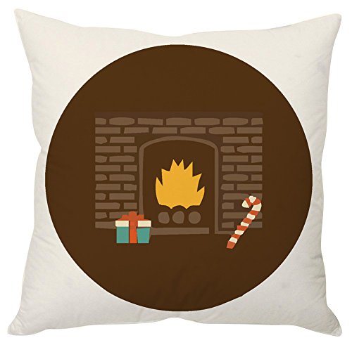 A cozy pillow placed near a warm fireplace, surrounded by festive candy canes, creating a holiday atmosphere.

