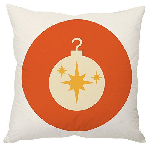 A decorative Christmas ornament pillow featuring an orange and gold design against a white background.

