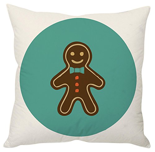 A decorative pillow featuring a cheerful gingerbread man design, perfect for holiday-themed decor.