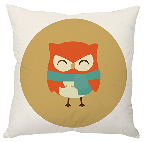 A decorative pillow featuring an owl adorned with a colorful scarf, adding a whimsical touch to any space.

