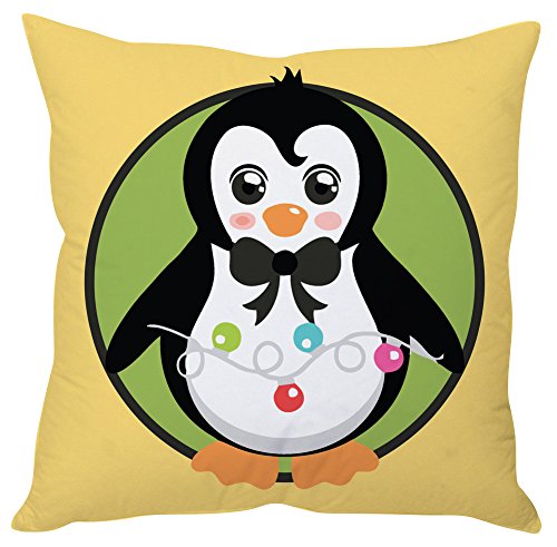 A decorative pillow featuring a penguin dressed in a bow tie, adding a whimsical touch to any space.

