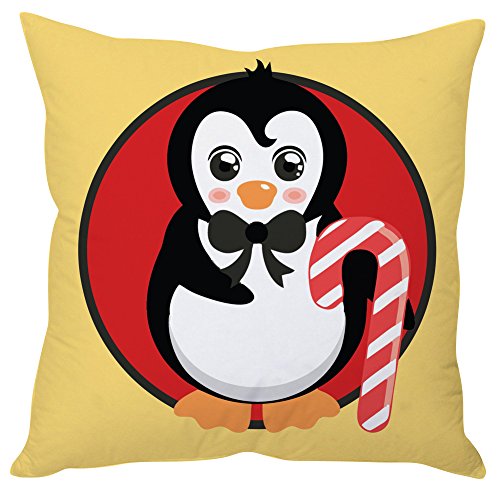 A cozy pillow featuring a penguin joyfully holding a candy cane, perfect for festive decor.

