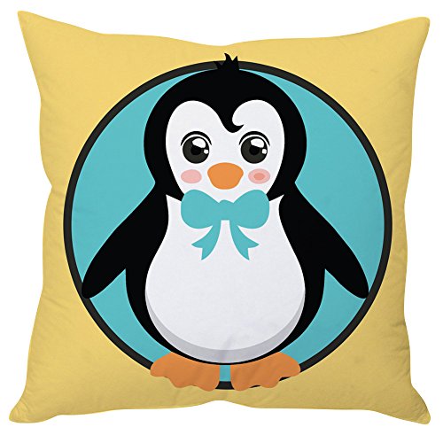 A decorative pillow featuring a cheerful cartoon penguin design, perfect for adding a playful touch to any room.

