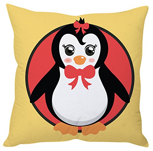 A decorative pillow featuring a penguin dressed in a bow tie, adding a whimsical touch to any space.

