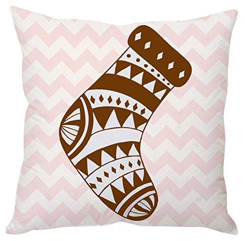 A decorative brown and white pillow featuring a festive Christmas stocking design.

