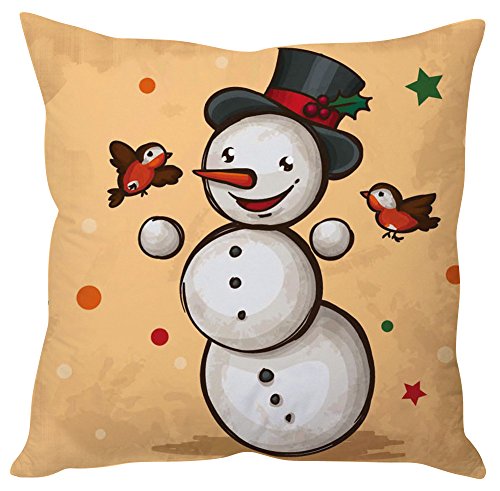 A cozy pillow featuring a cheerful snowman surrounded by playful birds, perfect for winter decor.

