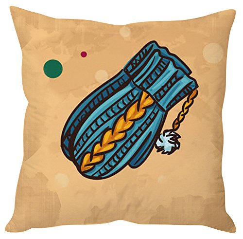 A cozy pillow featuring a cute blue mitten resting on top, adding a playful touch to the decor.

