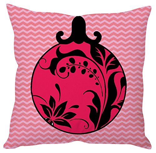 A pink and black pillow featuring a stylish black and white ornament design. Perfect for adding flair to any space.

