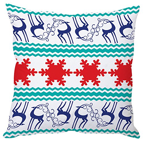 A decorative pillow featuring a reindeer design, adding a festive touch to any living space.

