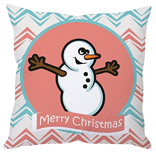 A festive Christmas pillow featuring a cheerful snowman design, perfect for holiday decor.

