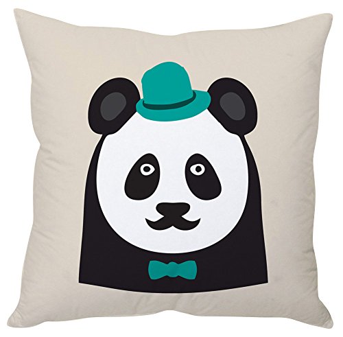 A panda bear pillow adorned with a hat and bow tie, showcasing a charming and playful design.

