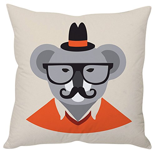 A decorative pillow featuring a koala adorned with a hat and glasses, showcasing a playful and whimsical design.

