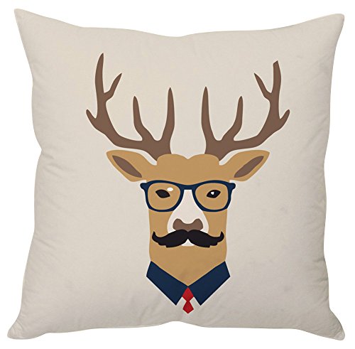 A whimsical pillow featuring a deer adorned with glasses and a tie, adding a touch of charm to any decor.

