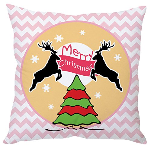 A decorative pillow featuring a reindeer and a tree design, perfect for holiday-themed home decor.

