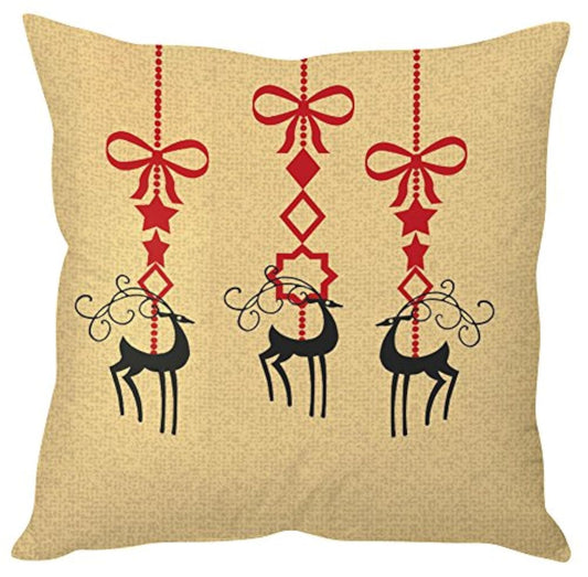 A decorative pillow featuring three reindeer in a charming design.

