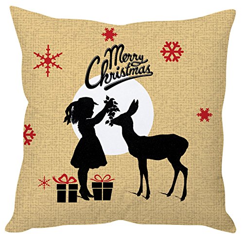 A decorative pillow featuring a deer and a girl holding a Christmas tree, embodying a festive winter theme.

