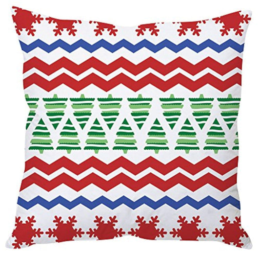 A festive red, white, and blue Christmas pillow featuring a stylish chevron pattern.

