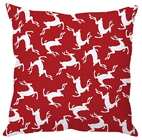 A decorative red and white pillow featuring a deer design, adding a rustic touch to home decor.

