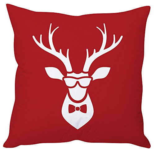 A red pillow featuring a deer head wearing glasses, adding a whimsical touch to home decor.

