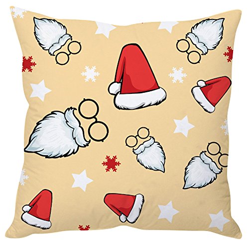 A cozy pillow featuring a cheerful Santa Claus wearing glasses, perfect for holiday decor and festive comfort.

