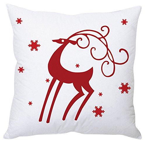 A cozy red and white pillow featuring a charming deer design, perfect for adding a touch of nature to your decor.

