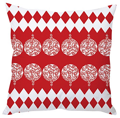 A cozy red and white Christmas pillow featuring a festive pattern of colorful ornaments. Perfect for holiday decor!

