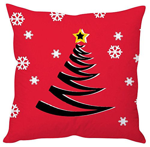 A cozy red and black Christmas tree pillow adorned with white snowflakes, perfect for holiday decor.