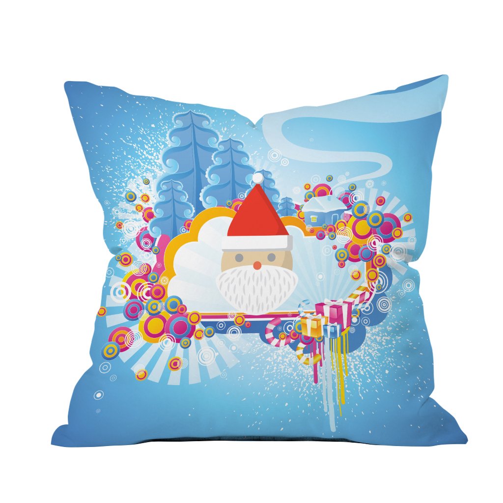 A cozy pillow featuring Santa Claus surrounded by whimsical snowflakes, perfect for holiday decor.

