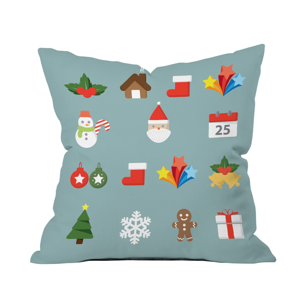 A cozy pillow adorned with festive Christmas icons, perfect for adding holiday cheer to any room.

