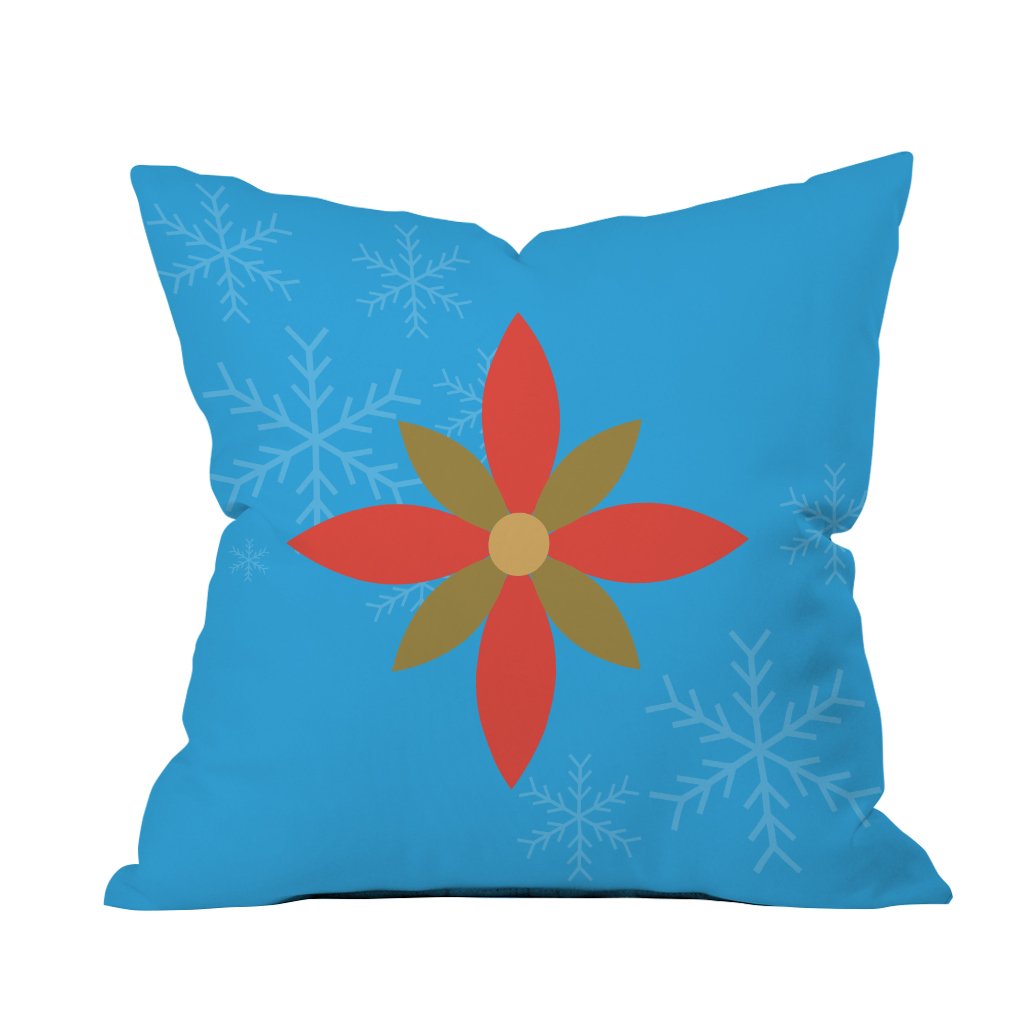 A blue pillow featuring a vibrant red and gold flower design, adding a pop of color to any space.

