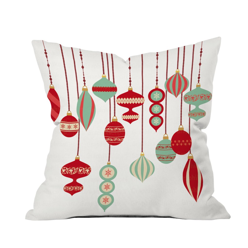 Cozy pillow cover featuring colorful Christmas ornaments, perfect for festive home decor during the holiday season.