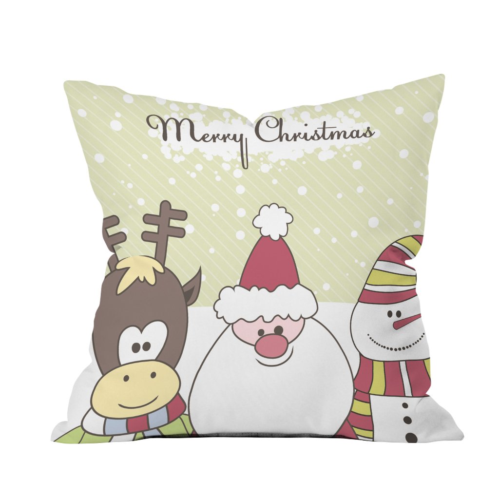 A festive pillow featuring Santa Claus and a cheerful reindeer, perfect for holiday decor.

