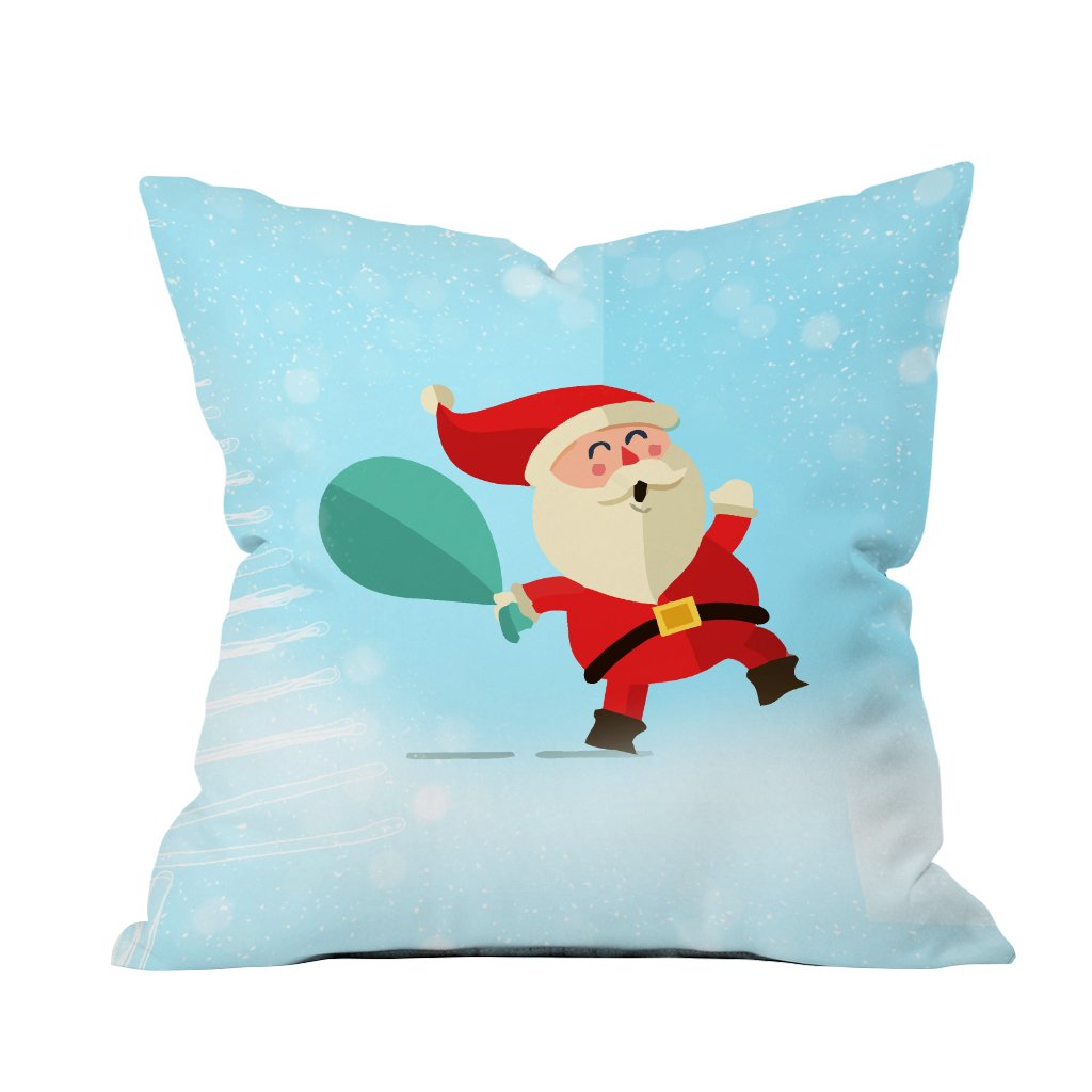 A decorative pillow featuring a cheerful Santa Claus character, perfect for holiday-themed decor.

