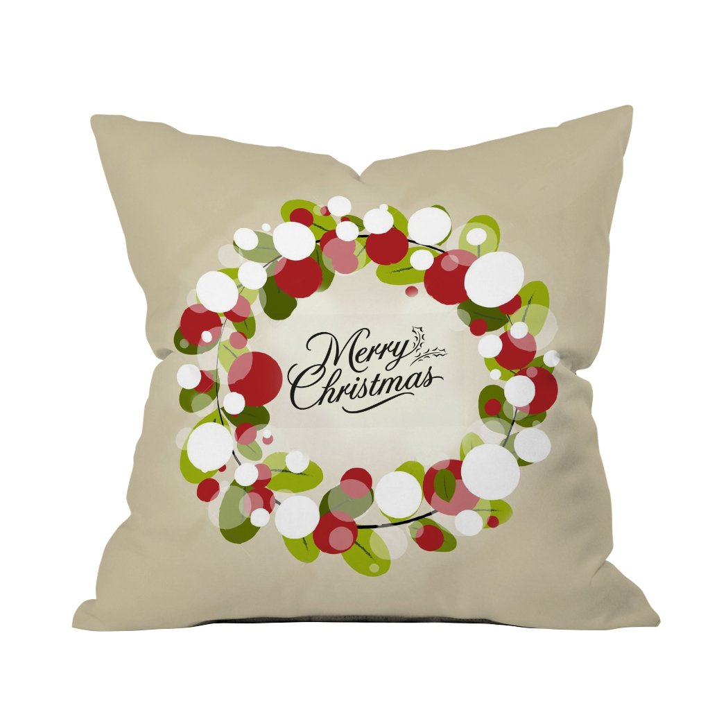 A festive throw pillow featuring a merry Christmas wreath design, perfect for holiday home decor.

