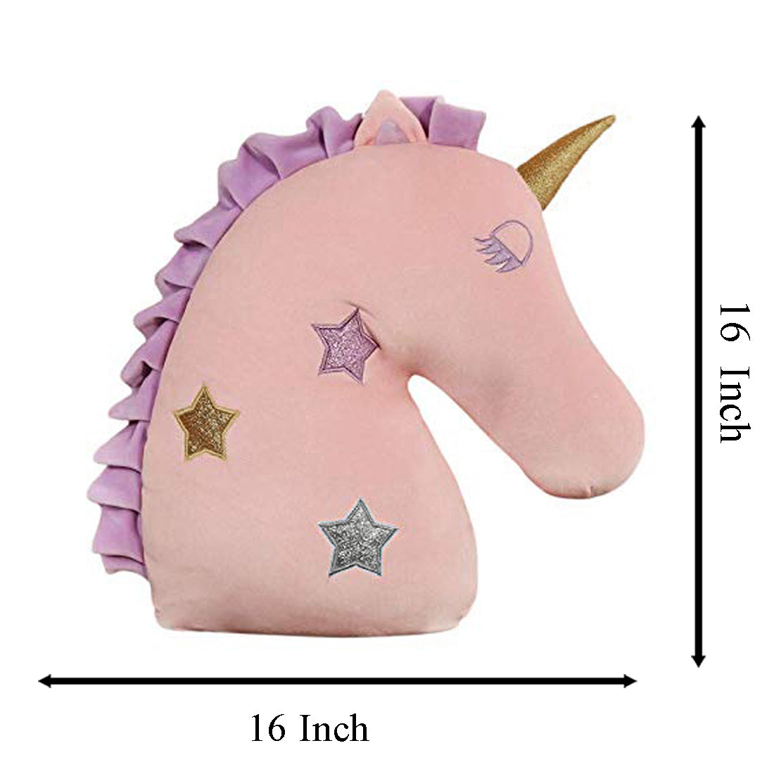 Decorative pink unicorn head pillow featuring whimsical star design, ideal for unicorn lovers.