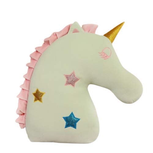 Green unicorn head pillow with pink and gold stars, perfect for adding a magical touch to any room decor.