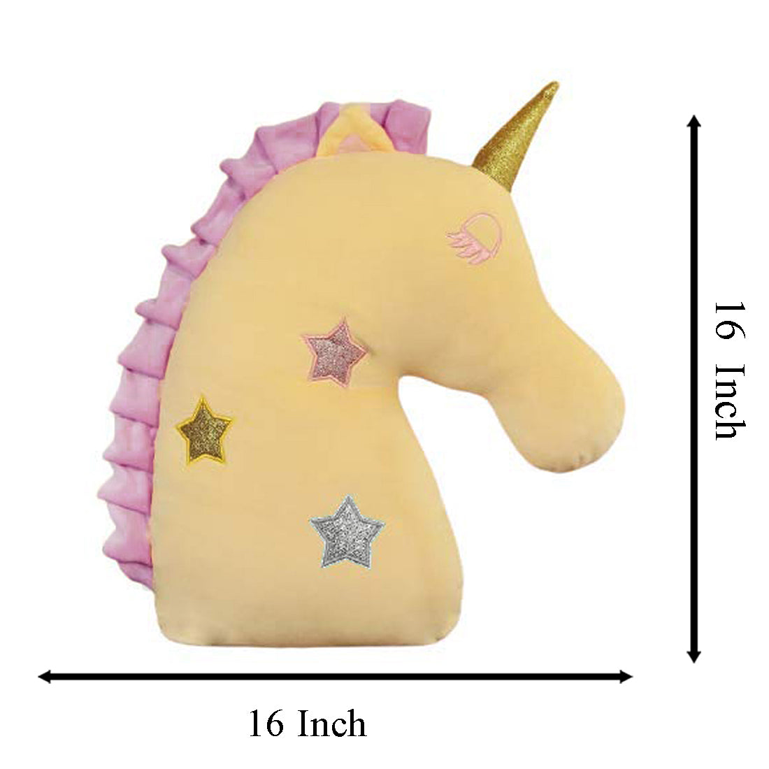 A unicorn head pillow adorned with stars, perfect for adding a touch of magic and comfort to your space.