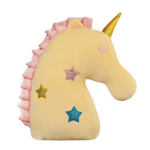 A unicorn head pillow adorned with stars, perfect for adding a touch of magic and comfort to your space.