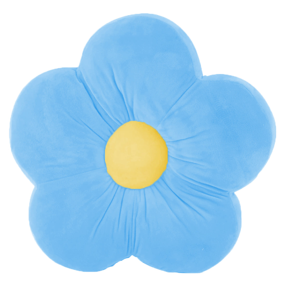 A cozy blue flower pillow with a sunny yellow center, perfect for adding a touch of nature to your home decor.