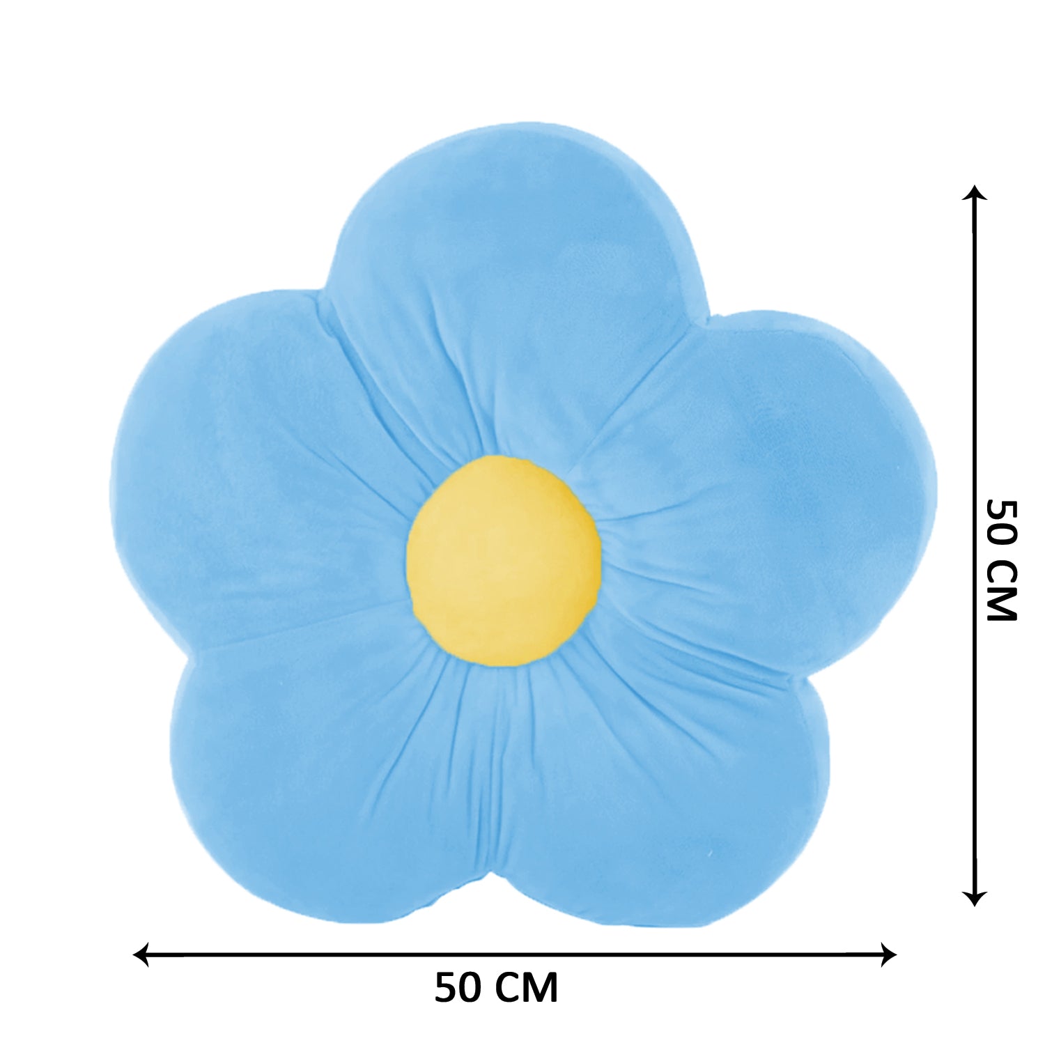 A cozy blue flower pillow with a sunny yellow center, perfect for adding a touch of nature to your home decor.