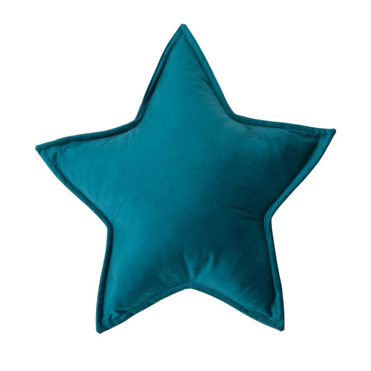 1. Teal blue star shaped pillow on white background.