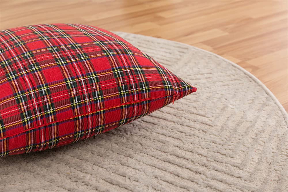  Plaid pillow in red and black on chair with plant.