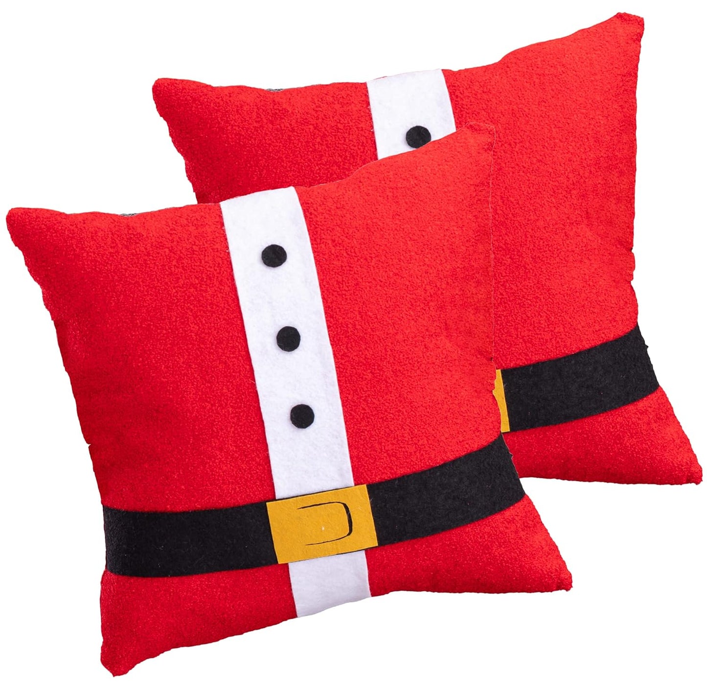 1. Two Santa Claus pillows with red and black trim, perfect for adding festive cheer to your holiday decor. 2. Festive Santa Claus pillows featuring red and black trim, ideal for adding a touch of Christmas spirit to your home. 3. Decorative pillows with Santa Claus design and red/black trim, great for bringing holiday joy to any room.