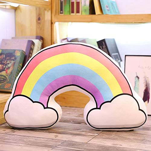 A colorful pillow with a rainbow and fluffy clouds on it, adding a touch of whimsy and cheerfulness to any space.