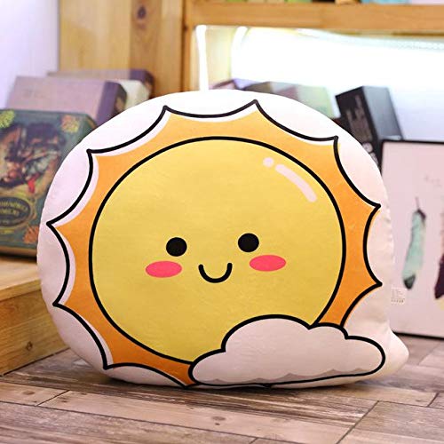 A pillow featuring a cheerful cartoon sun and a fluffy cloud, adding a touch of whimsy to your decor.