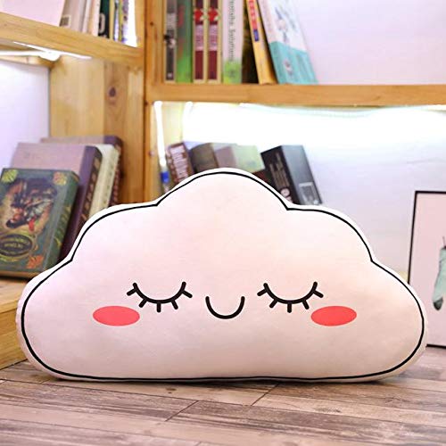 A cloud-faced pillow resting on a table.