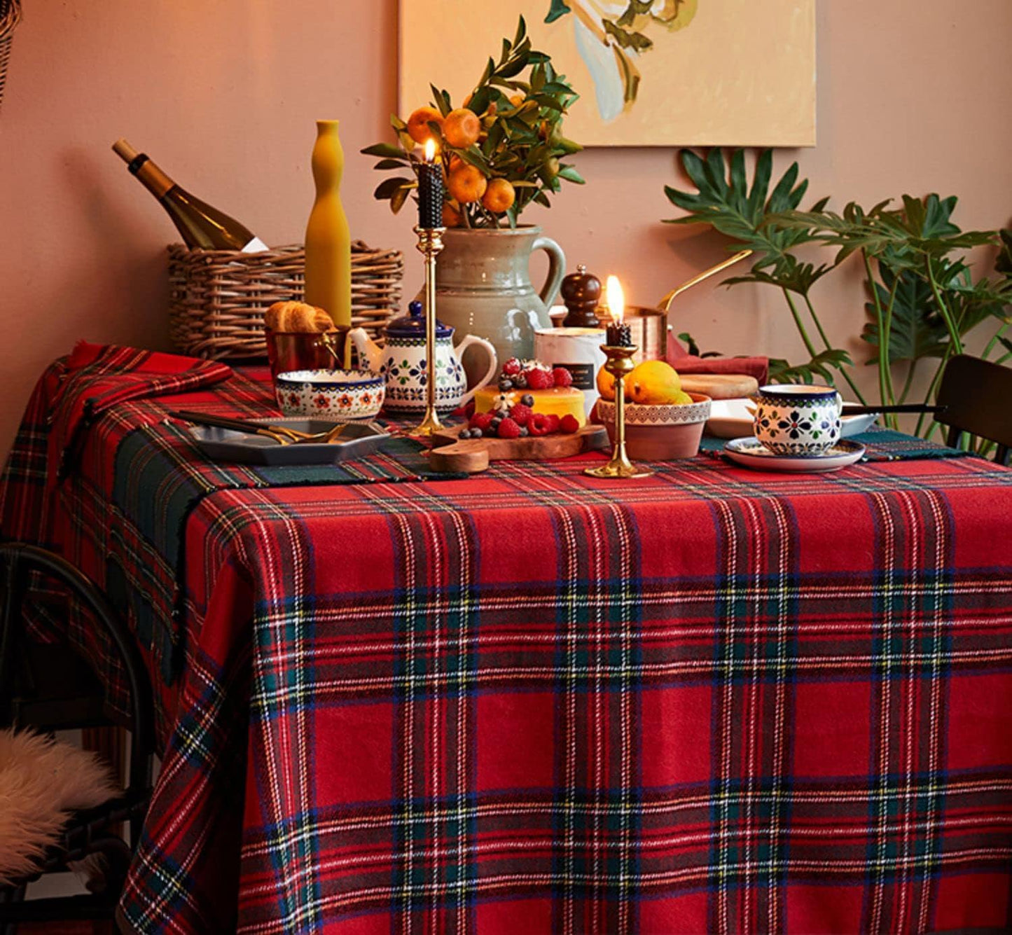 Traditional holiday tablecloth featuring a Christmas tree design.