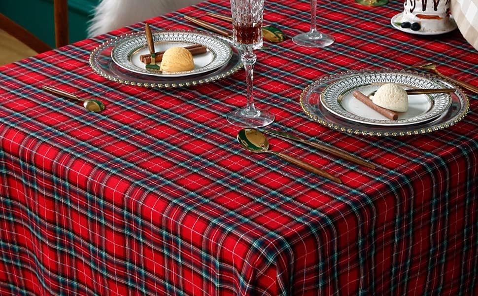 Classic red and black plaid tablecloth on dining table