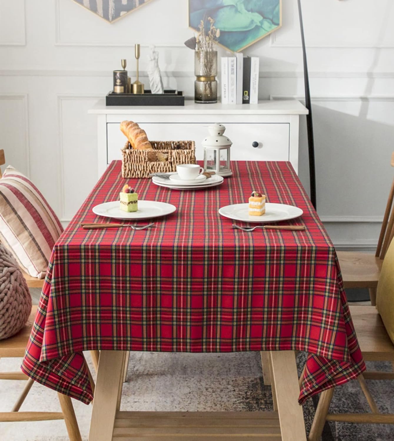 Dining table with red and black  tablecloth